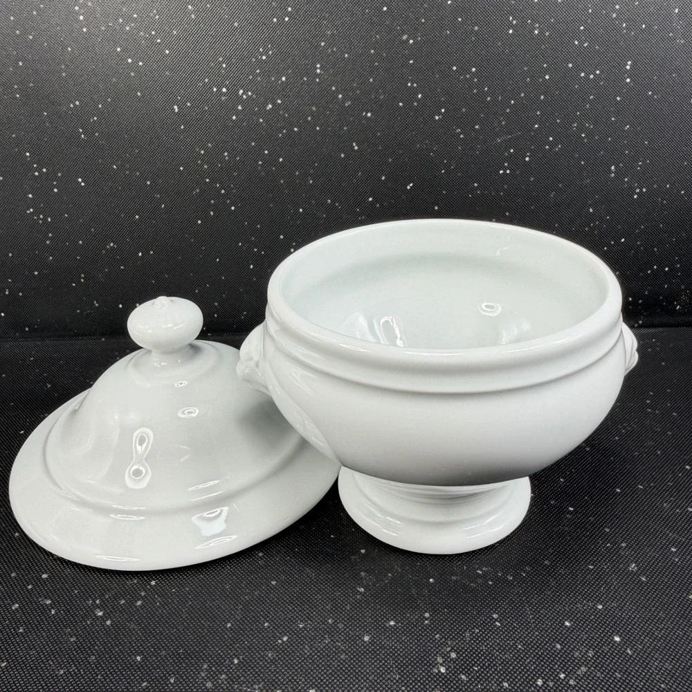 Apilco France White Porcelain Lion Head Dish w Lid Footed Bowl Container Jar